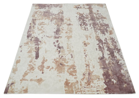 8x10 Ivory, Peach and Maroon Hand Carved Modern Abstract Hand Loomed Blended wool and Art silk Area Rug