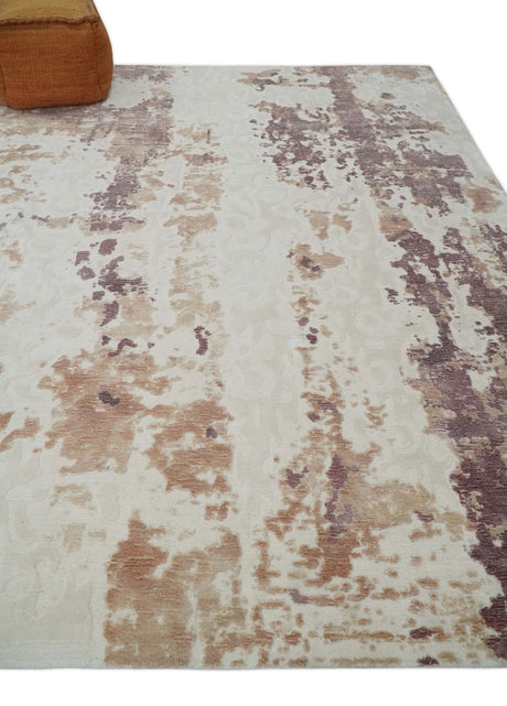 8x10 Ivory, Peach and Maroon Hand Carved Modern Abstract Hand Loomed Blended wool and Art silk Area Rug
