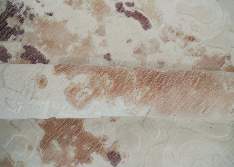 8x10 Ivory, Peach and Maroon Hand Carved Modern Abstract Hand Loomed Blended wool and Art silk Area Rug