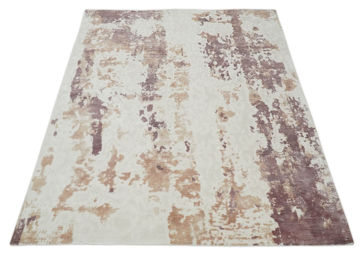 8x10 Ivory, Peach and Maroon Hand Carved Modern Abstract Hand Loomed Blended wool and Art silk Area Rug-Area Rug-Parc Decor