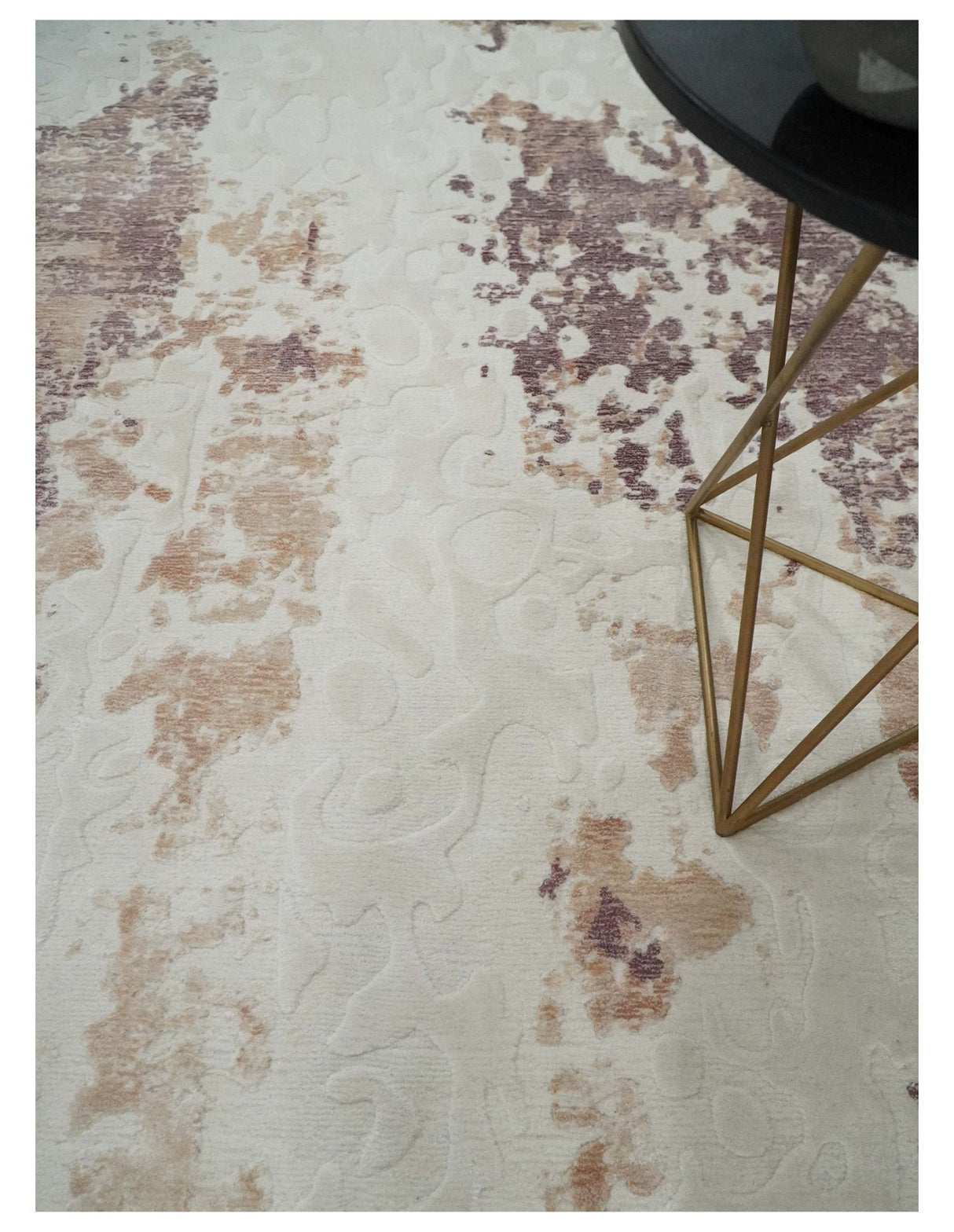 8x10 Ivory, Peach and Maroon Hand Carved Modern Abstract Hand Loomed Blended wool and Art silk Area Rug-Area Rug-Parc Decor