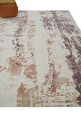 8x10 Ivory, Peach and Maroon Hand Carved Modern Abstract Hand Loomed Blended wool and Art silk Area Rug-Area Rug-Parc Decor