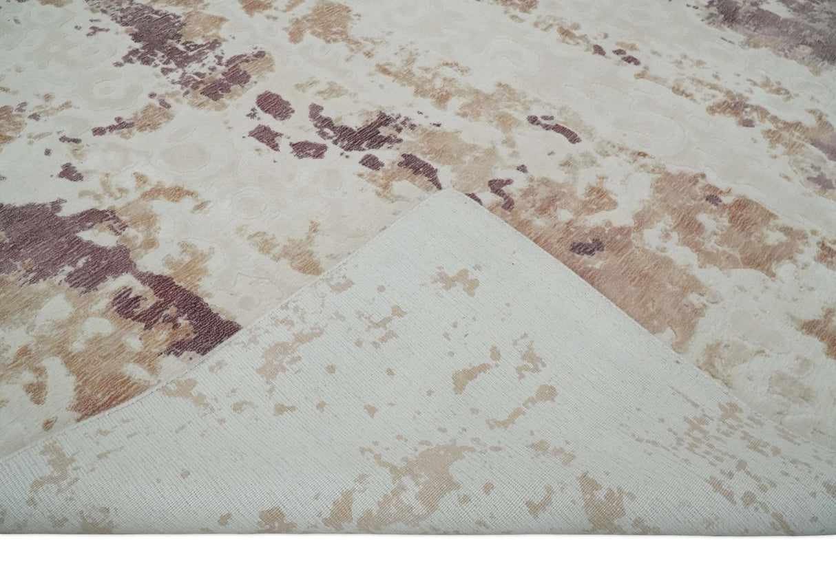 8x10 Ivory, Peach and Maroon Hand Carved Modern Abstract Hand Loomed Blended wool and Art silk Area Rug-Area Rug-Parc Decor