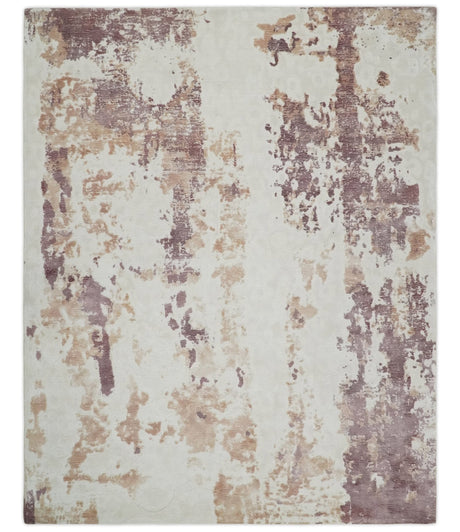 8x10 Ivory, Peach and Maroon Hand Carved Modern Abstract Hand Loomed Blended wool and Art silk Area Rug-Area Rug-Parc Decor