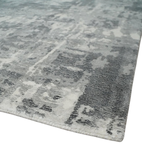 8x10 Ivory, Silver and Charcoal Modern Abstract Hand Loomed Blended wool and Art silk Area Rug