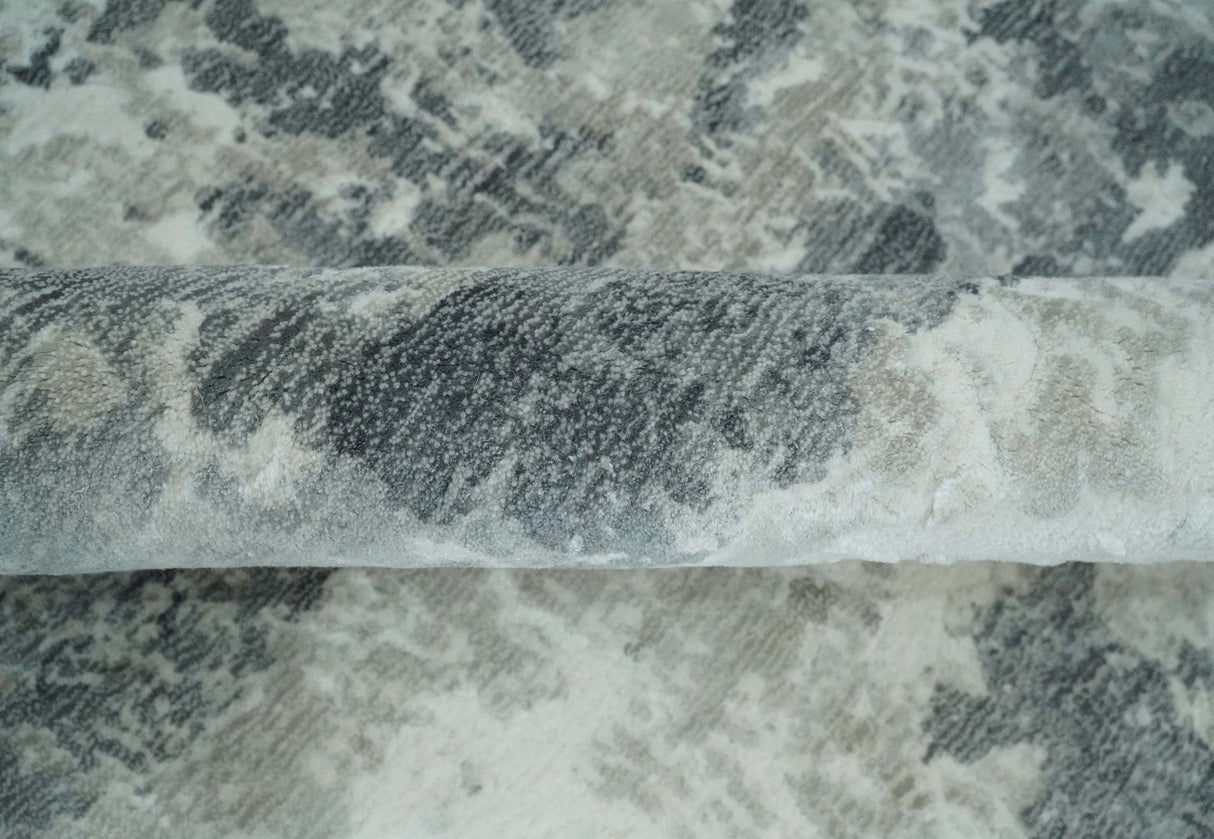 8x10 Ivory, Silver and Charcoal Modern Abstract Hand Loomed Blended wool and Art silk Area Rug