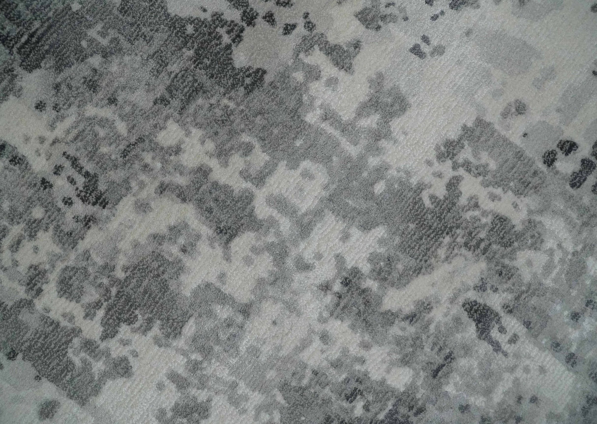 8x10 Ivory, Silver and Charcoal Modern Abstract Hand Loomed Blended wool and Art silk Area Rug-Area Rug-Parc Decor