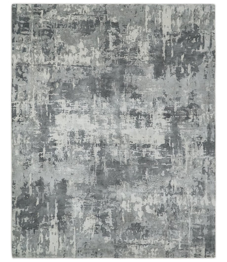 8x10 Ivory, Silver and Charcoal Modern Abstract Hand Loomed Blended wool and Art silk Area Rug-Area Rug-Parc Decor