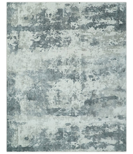 8x10 Ivory, Silver and Charcoal Modern Abstract Hand Loomed Blended wool and Art silk Area Rug-Area Rug-Parc Decor