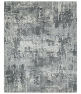 8x10 Ivory, Silver and Charcoal Modern Abstract Hand Loomed Blended wool and Art silk Area Rug
