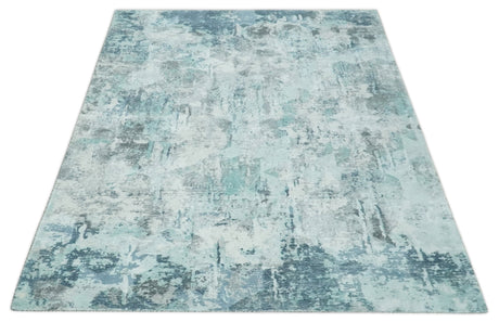 8x10 Ivory, Silver and Teal Modern Abstract Hand Loomed Blended wool and Art silk Area Rug