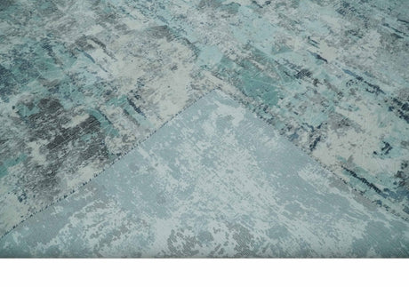 8x10 Ivory, Silver and Teal Modern Abstract Hand Loomed Blended wool and Art silk Area Rug