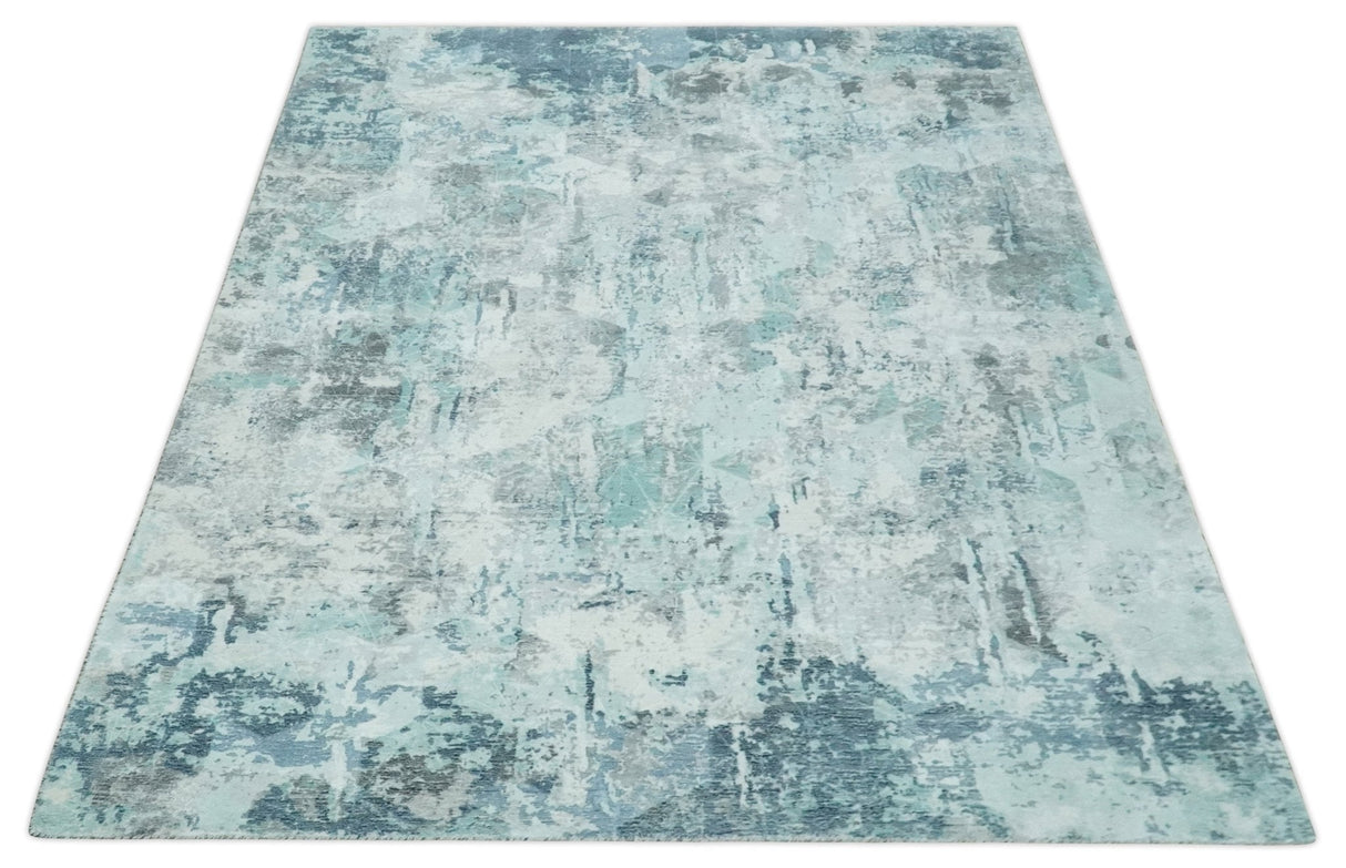 8x10 Ivory, Silver and Teal Modern Abstract Hand Loomed Blended wool and Art silk Area Rug-Area Rug-Parc Decor