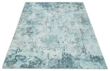 8x10 Ivory, Silver and Teal Modern Abstract Hand Loomed Blended wool and Art silk Area Rug-Area Rug-Parc Decor