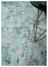 8x10 Ivory, Silver and Teal Modern Abstract Hand Loomed Blended wool and Art silk Area Rug-Area Rug-Parc Decor