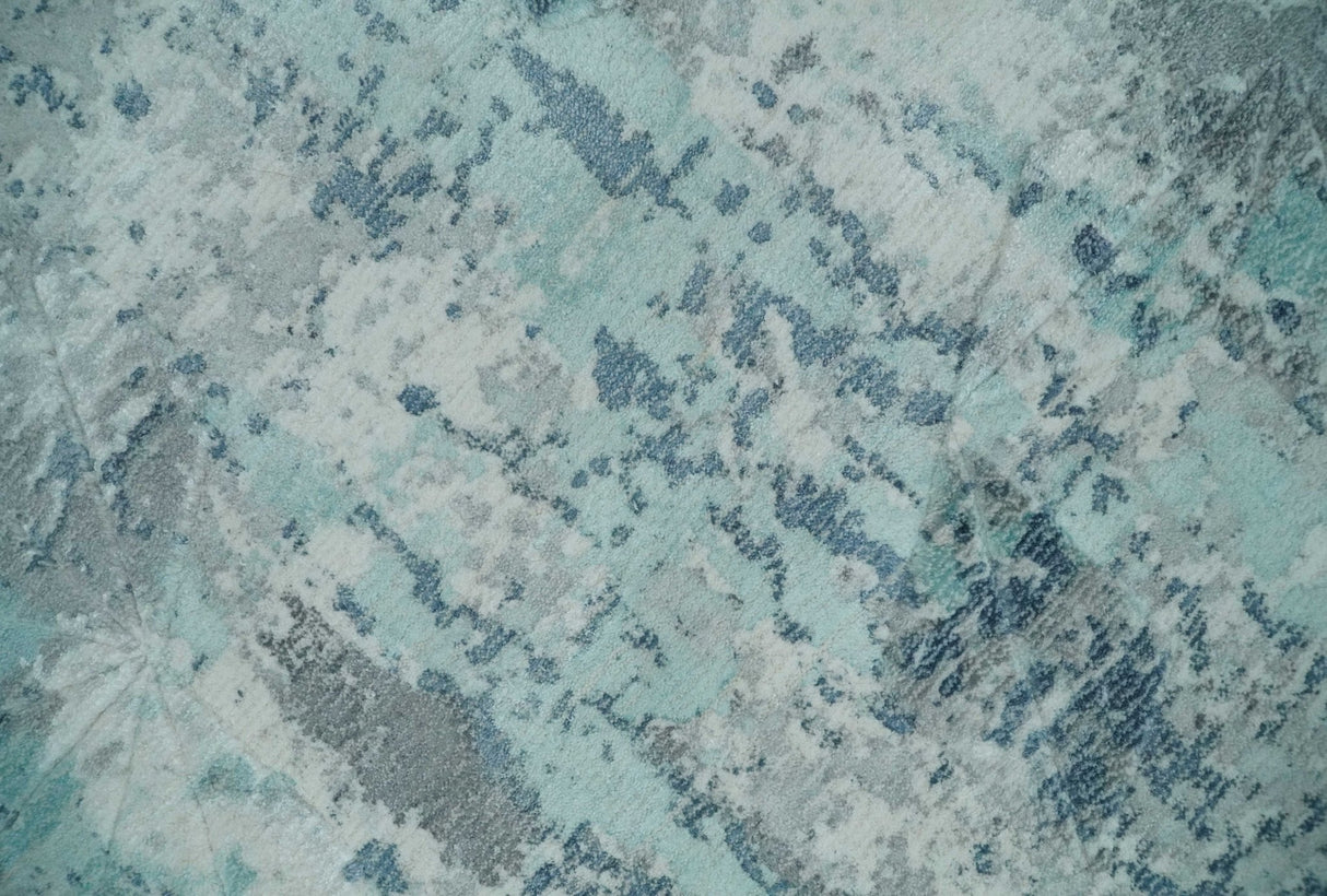 8x10 Ivory, Silver and Teal Modern Abstract Hand Loomed Blended wool and Art silk Area Rug-Area Rug-Parc Decor