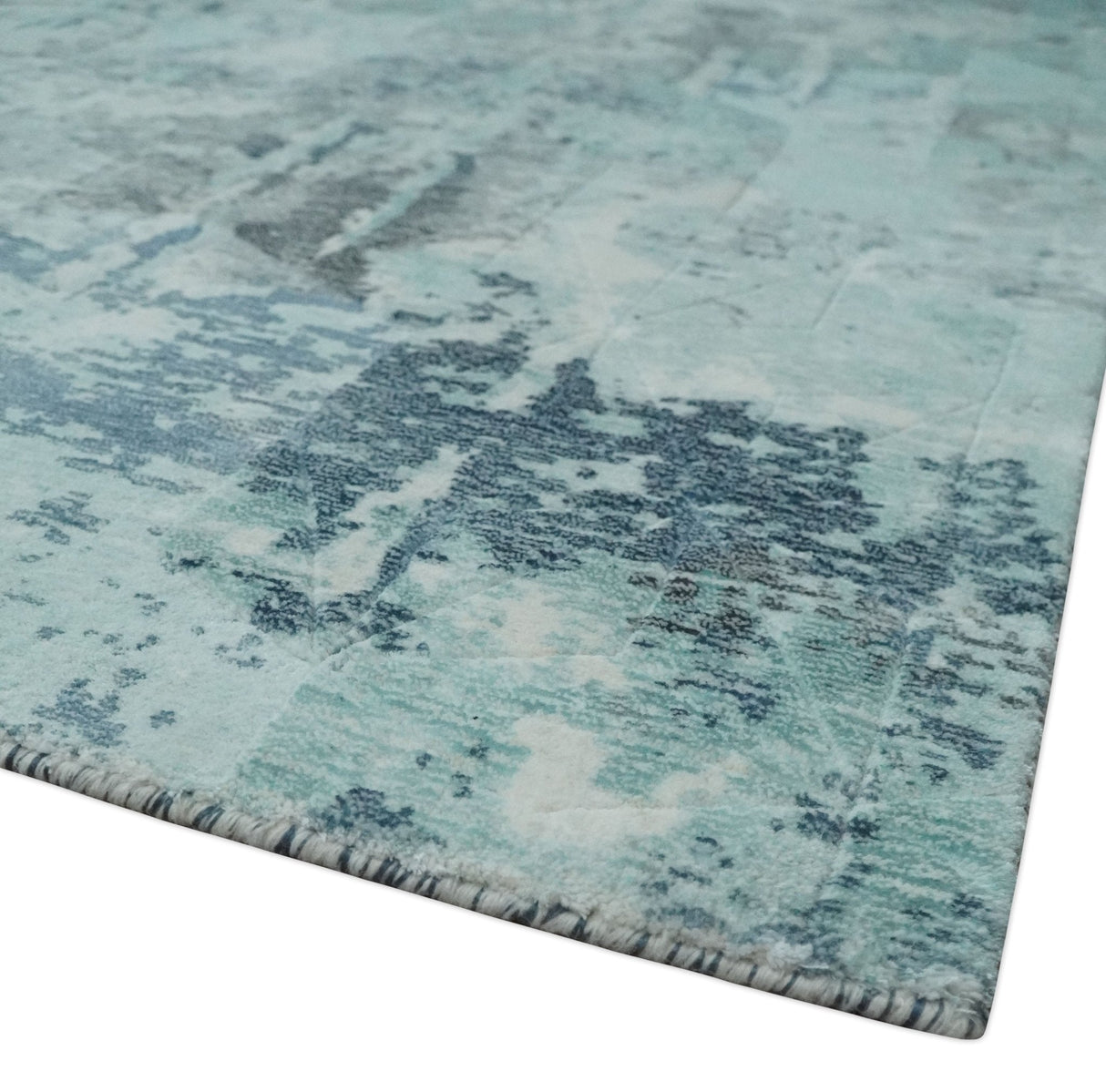 8x10 Ivory, Silver and Teal Modern Abstract Hand Loomed Blended wool and Art silk Area Rug-Area Rug-Parc Decor