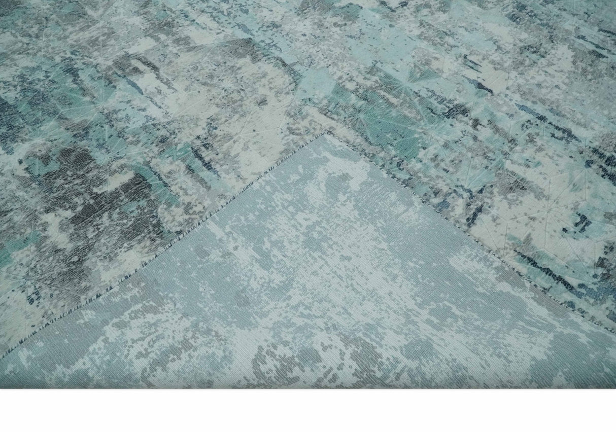 8x10 Ivory, Silver and Teal Modern Abstract Hand Loomed Blended wool and Art silk Area Rug-Area Rug-Parc Decor