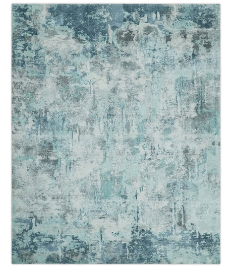 8x10 Ivory, Silver and Teal Modern Abstract Hand Loomed Blended wool and Art silk Area Rug-Area Rug-Parc Decor