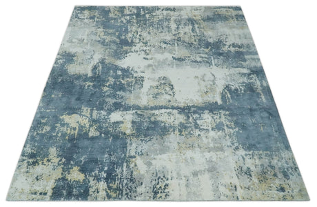 8x10 Ivory, Teal and Beige Modern Abstract Hand Loomed Blended wool and Art silk Area Rug
