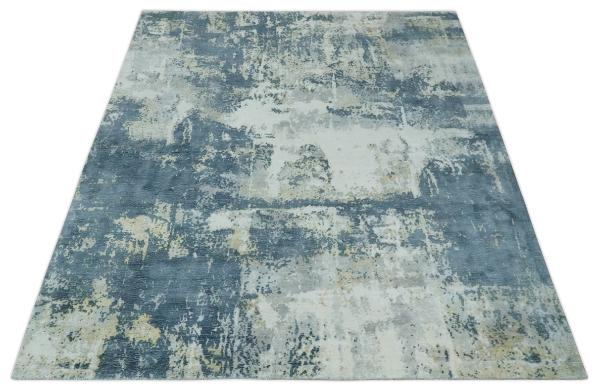 8x10 Ivory, Teal and Beige Modern Abstract Hand Loomed Blended wool and Art silk Area Rug-Area Rug-Parc Decor