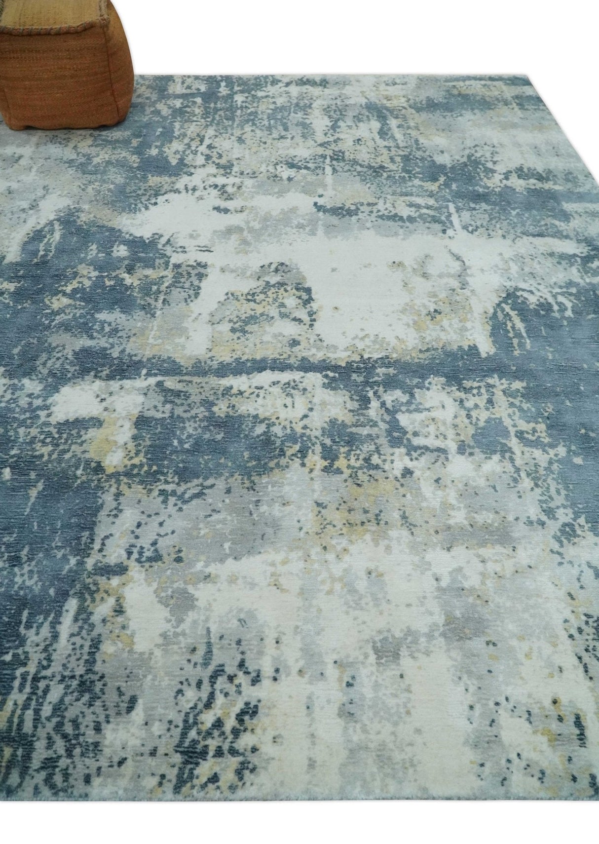 8x10 Ivory, Teal and Beige Modern Abstract Hand Loomed Blended wool and Art silk Area Rug-Area Rug-Parc Decor