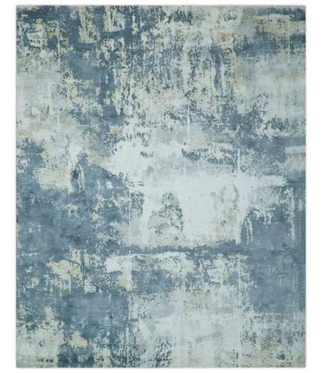 8x10 Ivory, Teal and Beige Modern Abstract Hand Loomed Blended wool and Art silk Area Rug-Area Rug-Parc Decor