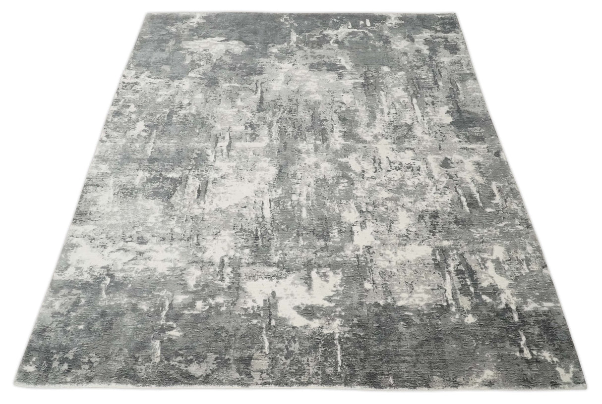 8x10 Modern Abstract Blended wool and Art silk Ivory, Silver and Charcoal Hand Loomed Area Rug-Area Rug-Parc Decor