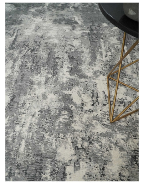 8x10 Modern Abstract Blended wool and Art silk Ivory, Silver and Charcoal Hand Loomed Area Rug-Area Rug-Parc Decor
