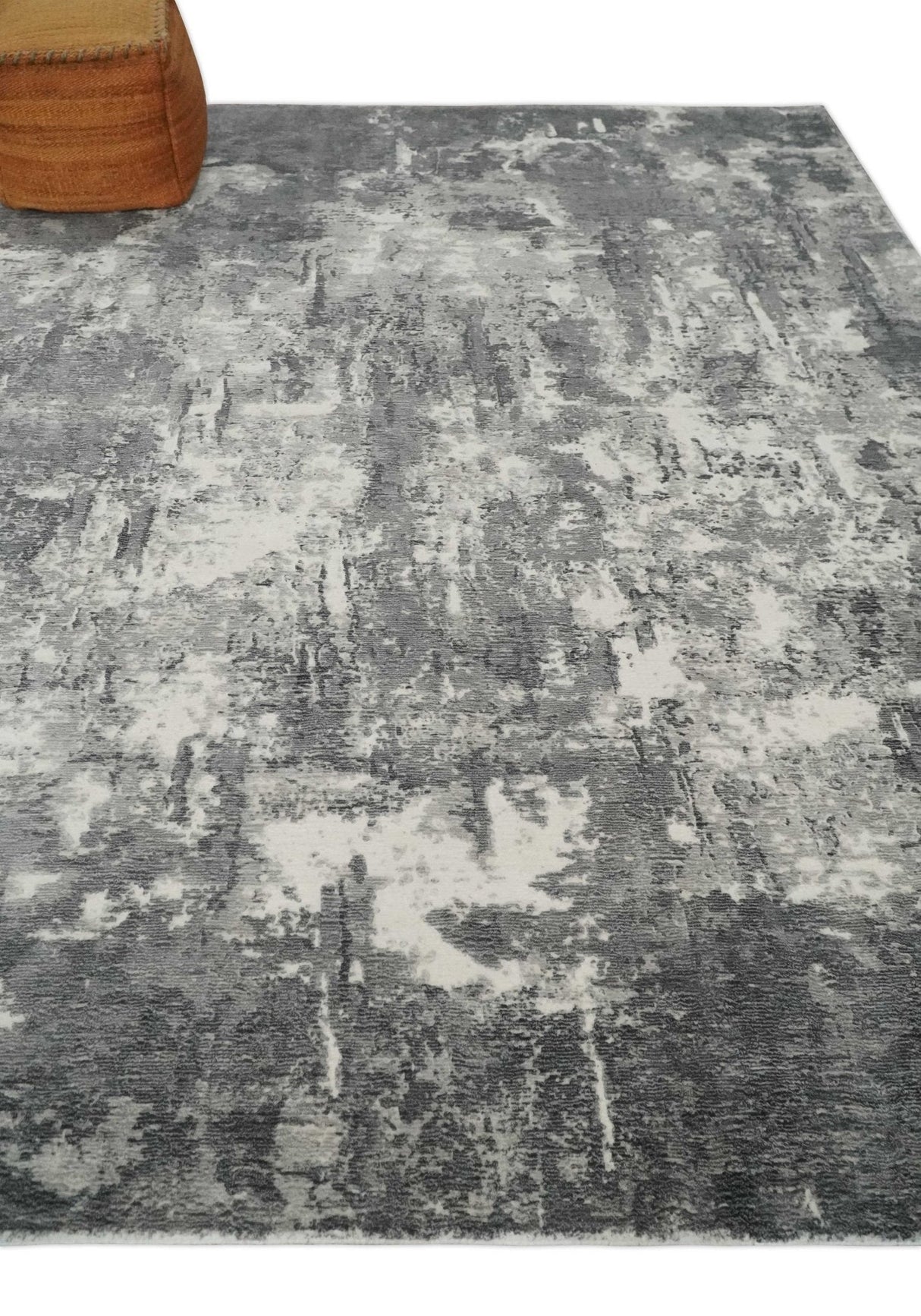 8x10 Modern Abstract Blended wool and Art silk Ivory, Silver and Charcoal Hand Loomed Area Rug-Area Rug-Parc Decor