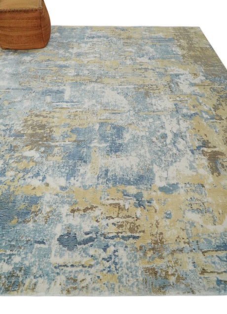 8x10 Modern Abstract Blended wool and Art silk Ivory, Teal and Beige Hand Loomed Area Rug