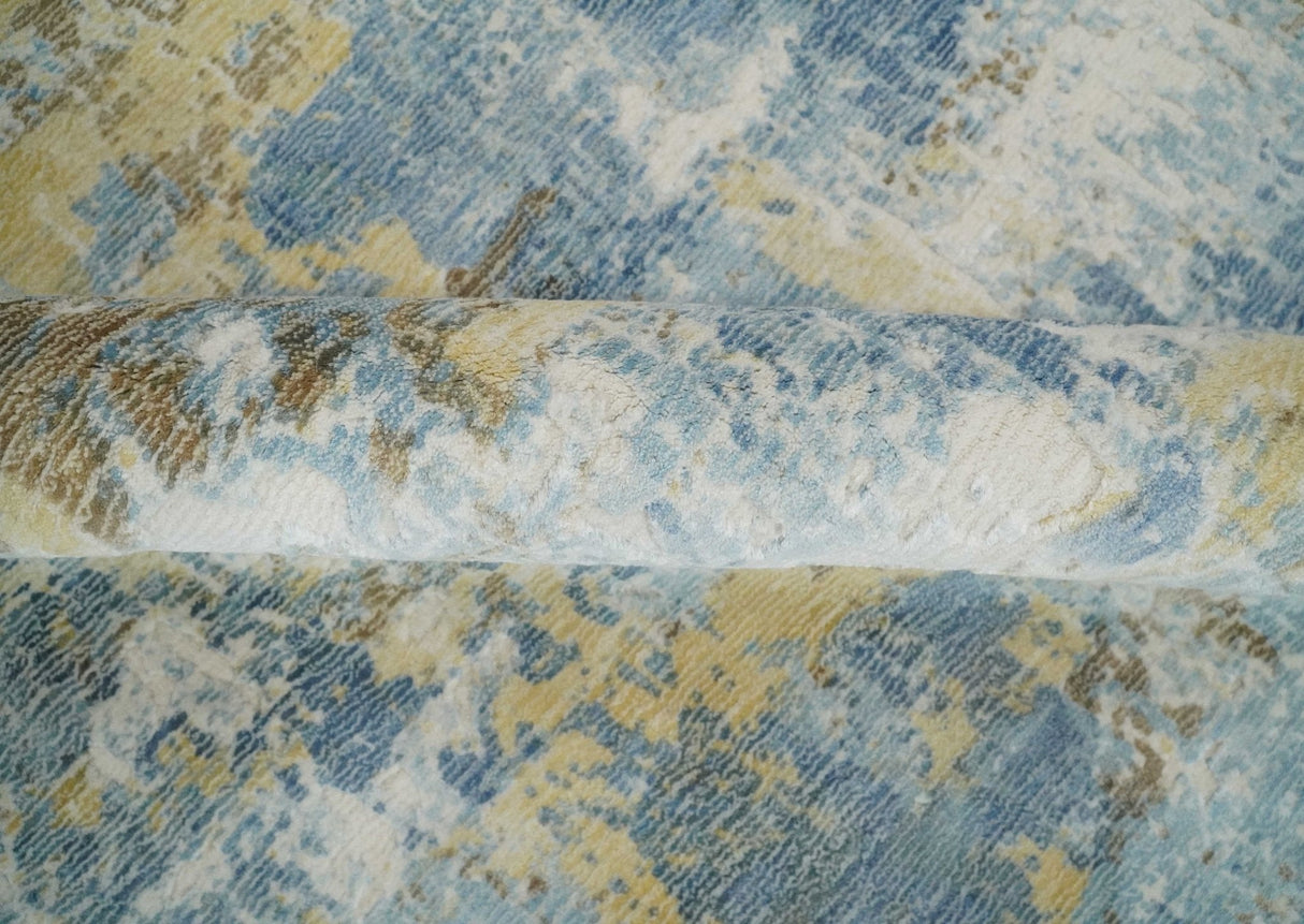 8x10 Modern Abstract Blended wool and Art silk Ivory, Teal and Beige Hand Loomed Area Rug