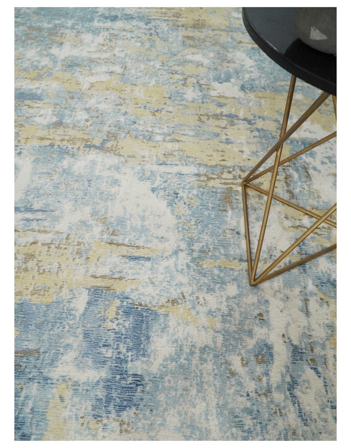 8x10 Modern Abstract Blended wool and Art silk Ivory, Teal and Beige Hand Loomed Area Rug-Area Rug-Parc Decor