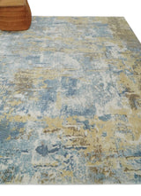 8x10 Modern Abstract Blended wool and Art silk Ivory, Teal and Beige Hand Loomed Area Rug-Area Rug-Parc Decor