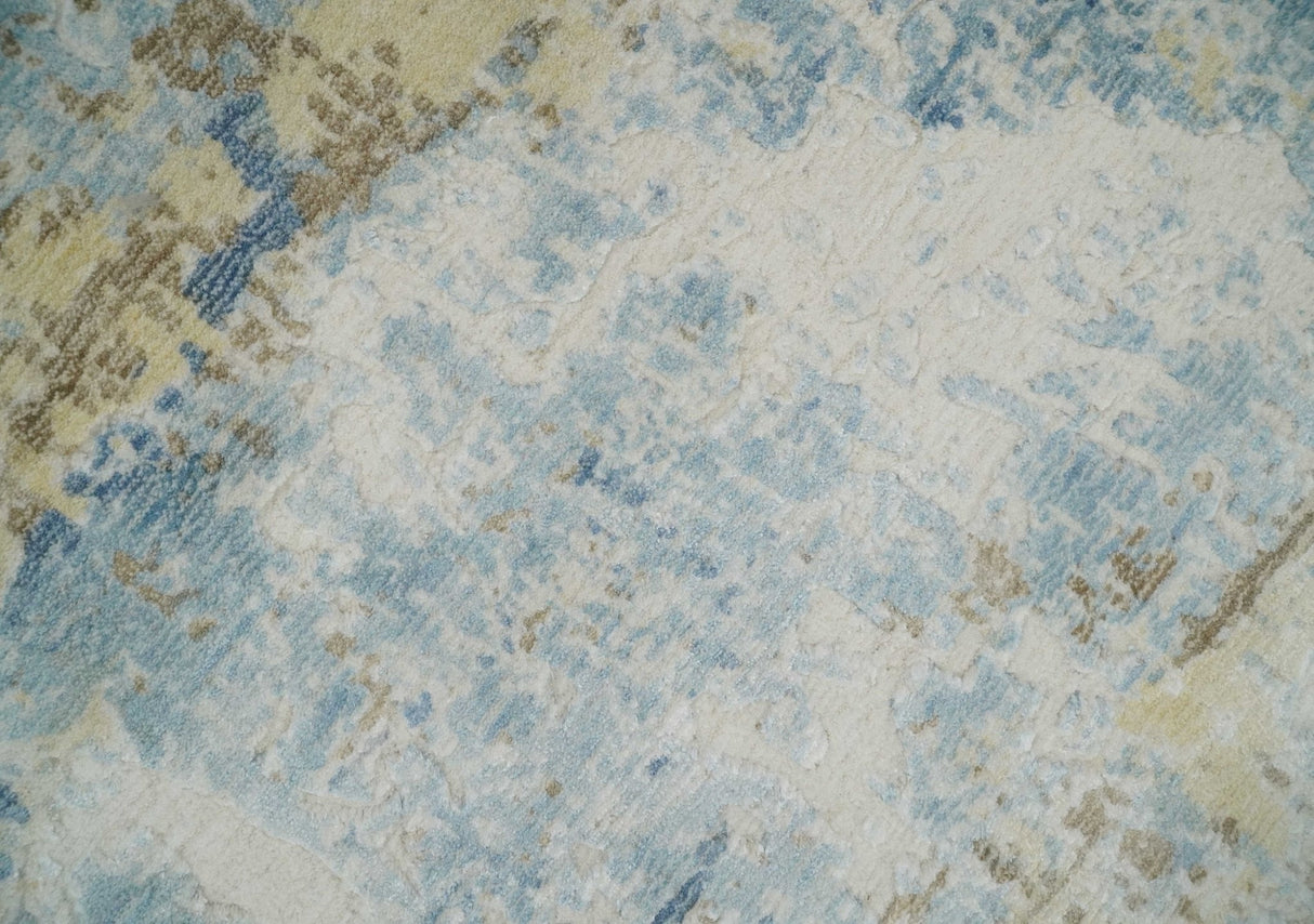 8x10 Modern Abstract Blended wool and Art silk Ivory, Teal and Beige Hand Loomed Area Rug-Area Rug-Parc Decor