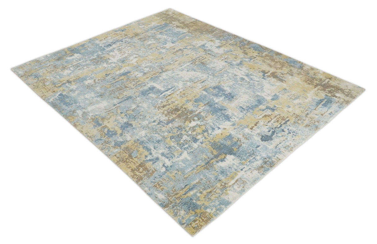 8x10 Modern Abstract Blended wool and Art silk Ivory, Teal and Beige Hand Loomed Area Rug-Area Rug-Parc Decor