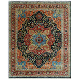 8x10 Rust and Blue Fine Hand Knotted Traditional Heriz Medallion wool area rug