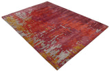 8x11 Red, Rust and Silver Modern Abstract Handmade Wool and Art Silk Area Rug | BAN1-Area Rug-Parc Decor