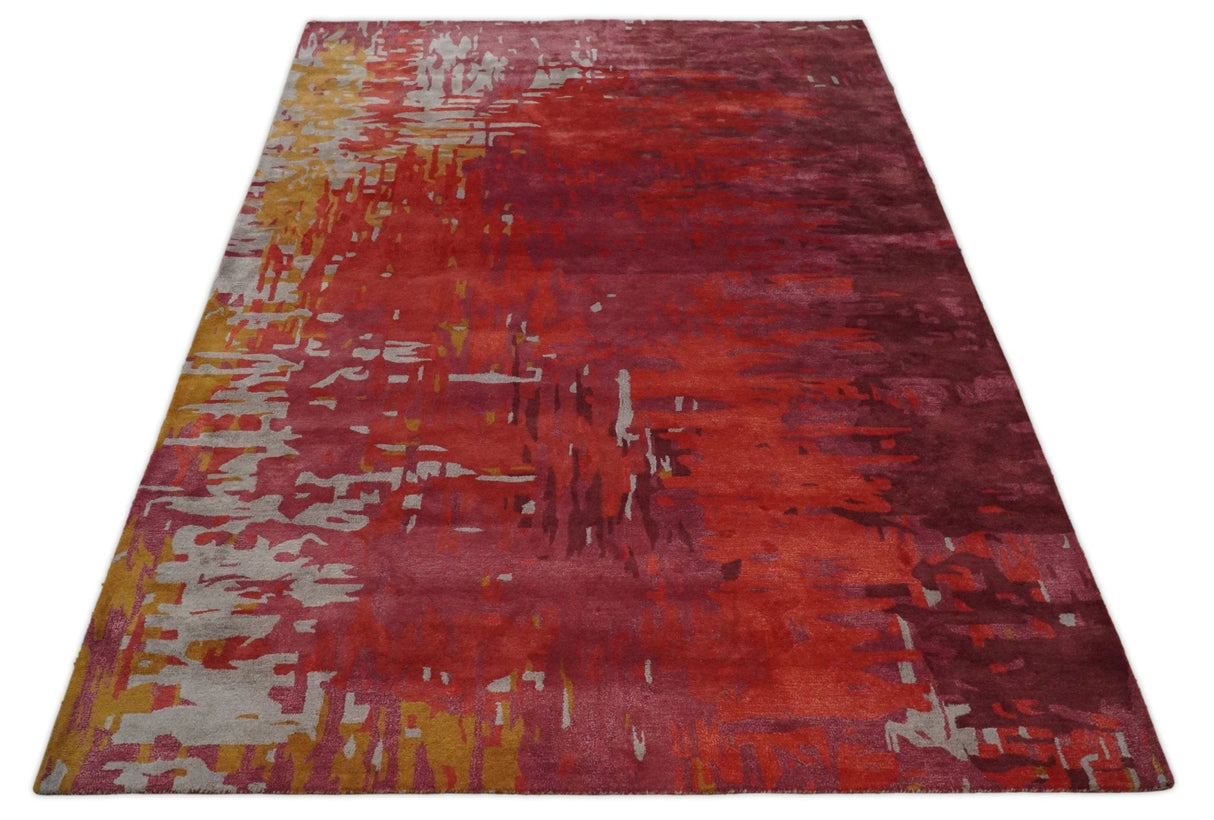 8x11 Red, Rust and Silver Modern Abstract Handmade Wool and Art Silk Area Rug | BAN1-Area Rug-Parc Decor