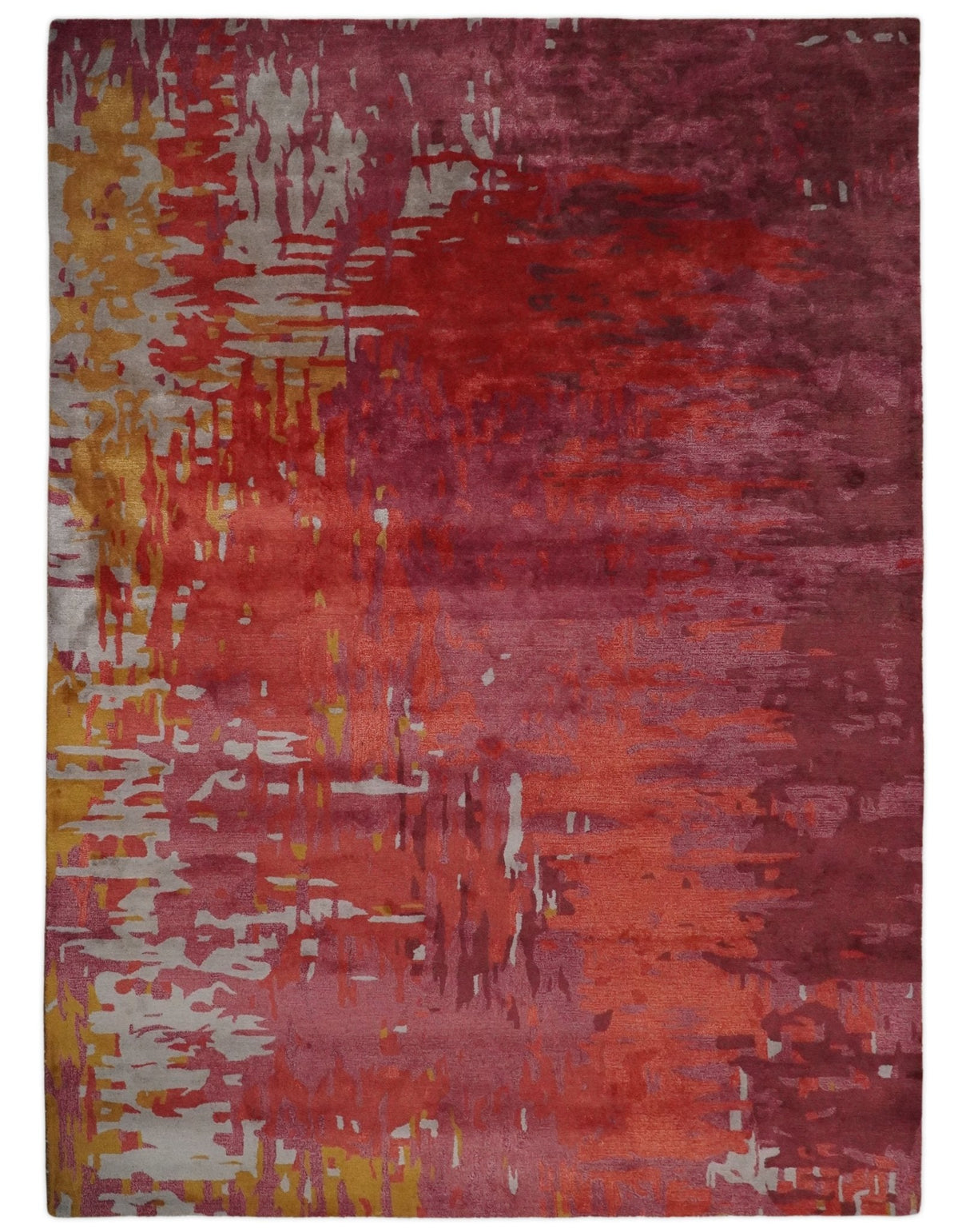 8x11 Red, Rust and Silver Modern Abstract Handmade Wool and Art Silk Area Rug | BAN1-Area Rug-Parc Decor