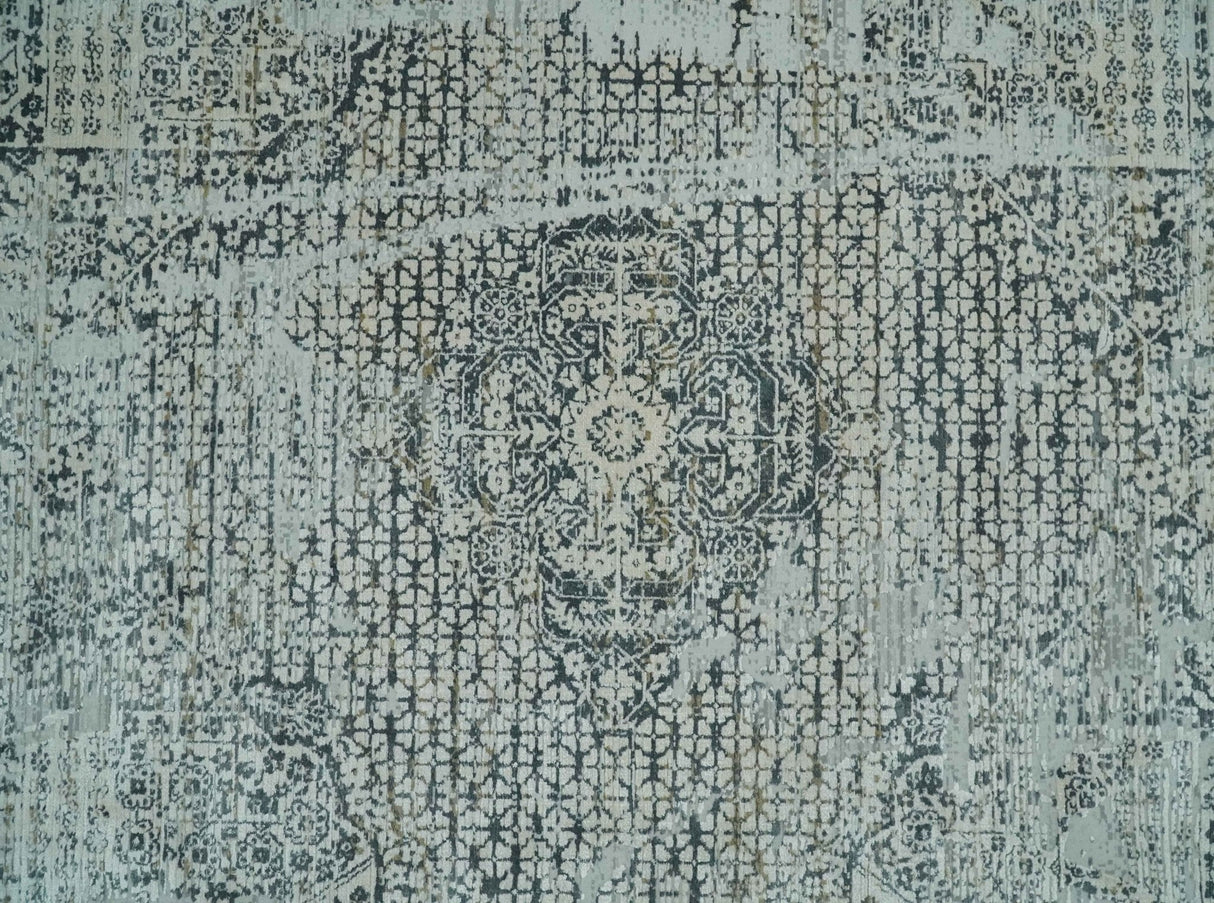 8x8 Round Beige, Gray and Charcoal Antique Finish Vintage look Art Silk Area Rug