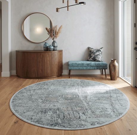 8x8 Round Beige, Gray and Charcoal Antique Finish Vintage look Art Silk Area Rug