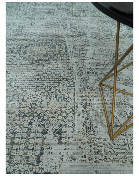 8x8 Round Beige, Gray and Charcoal Antique Finish Vintage look Art Silk Area Rug