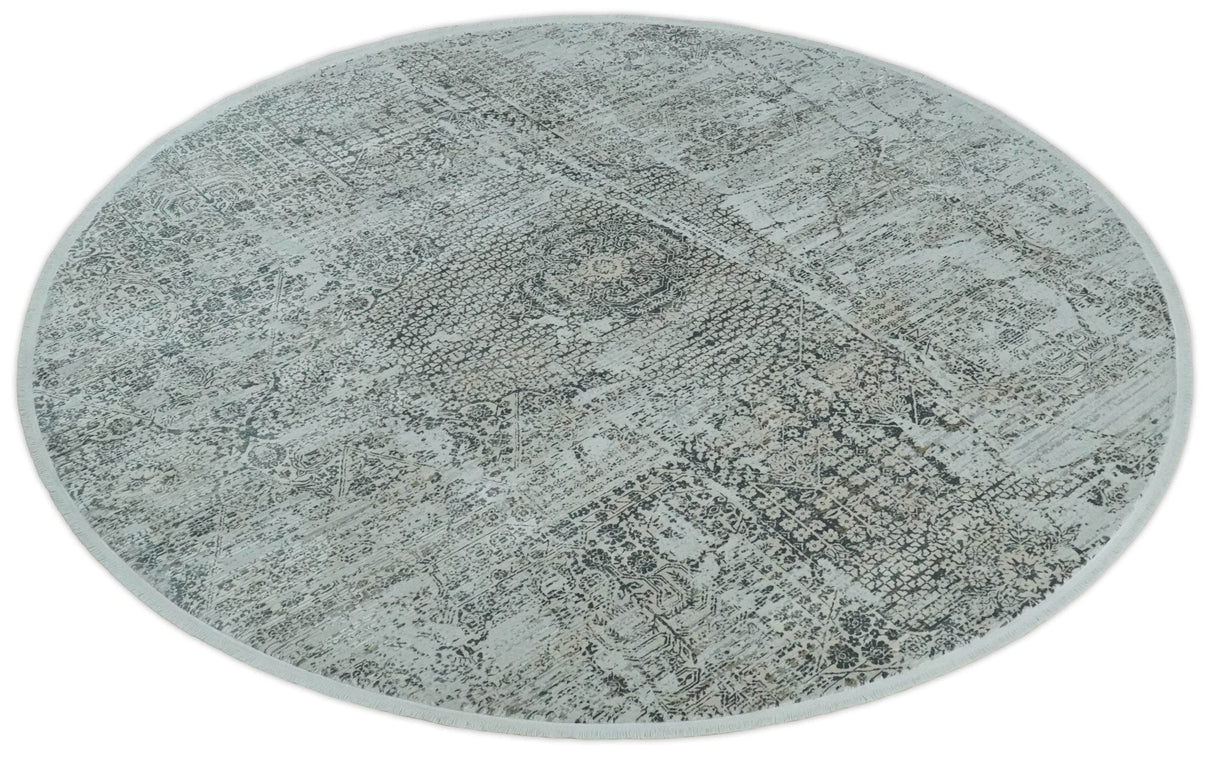 8x8 Round Beige, Gray and Charcoal Antique Finish Vintage look Art Silk Area Rug