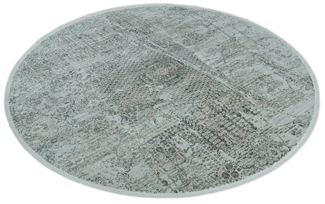 8x8 Round Beige, Gray and Charcoal Antique Finish Vintage look Art Silk Area Rug
