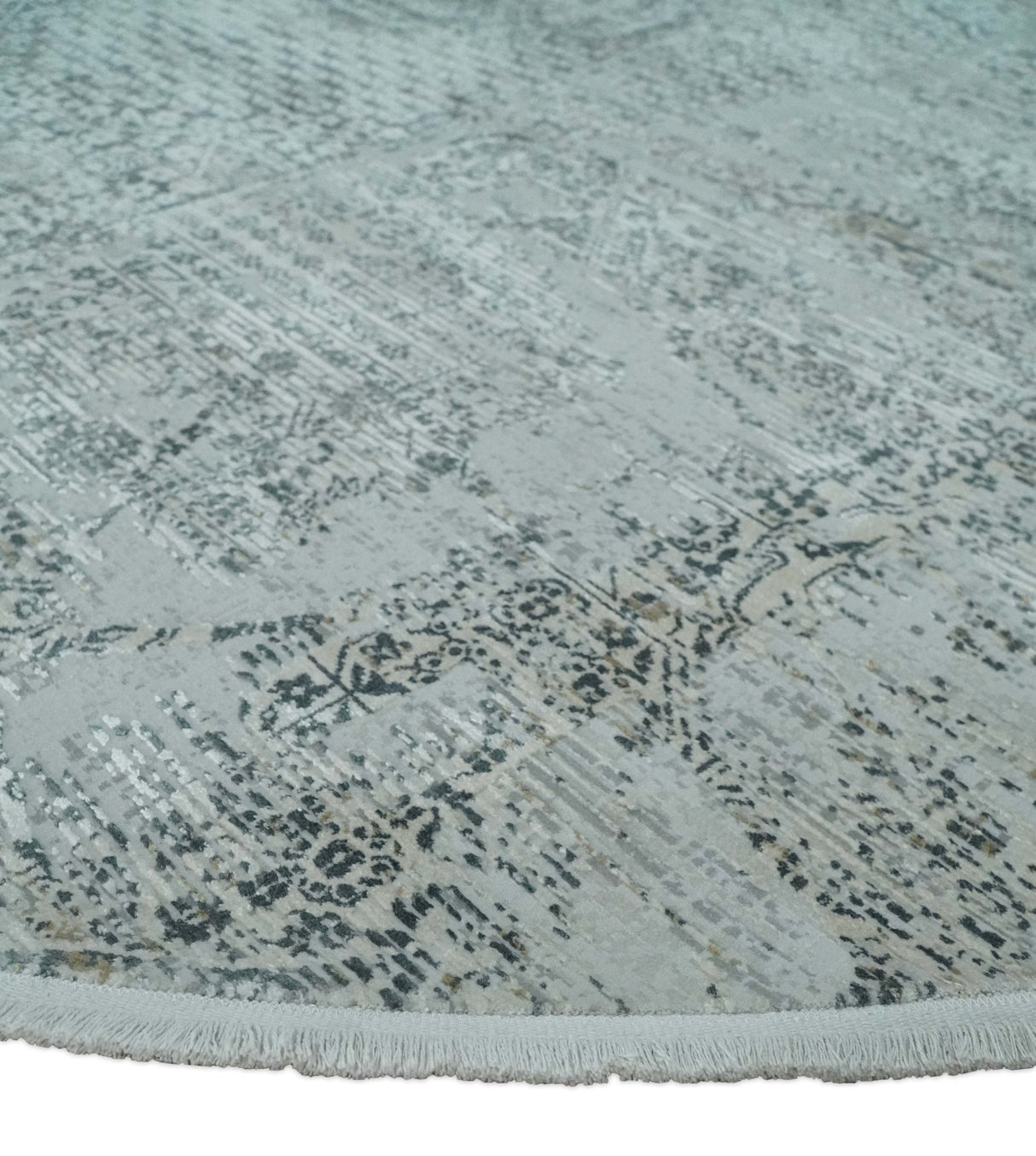 8x8 Round Beige, Gray and Charcoal Antique Finish Vintage look Art Silk Area Rug