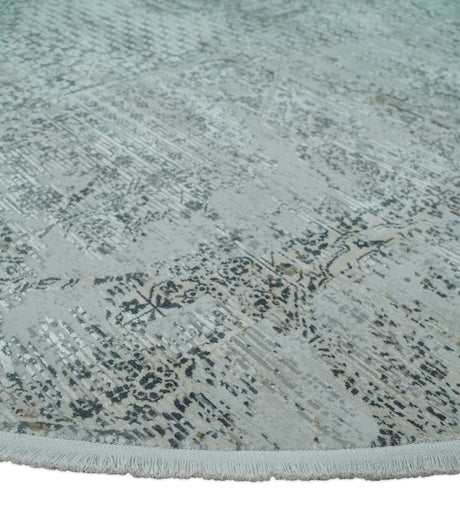 8x8 Round Beige, Gray and Charcoal Antique Finish Vintage look Art Silk Area Rug
