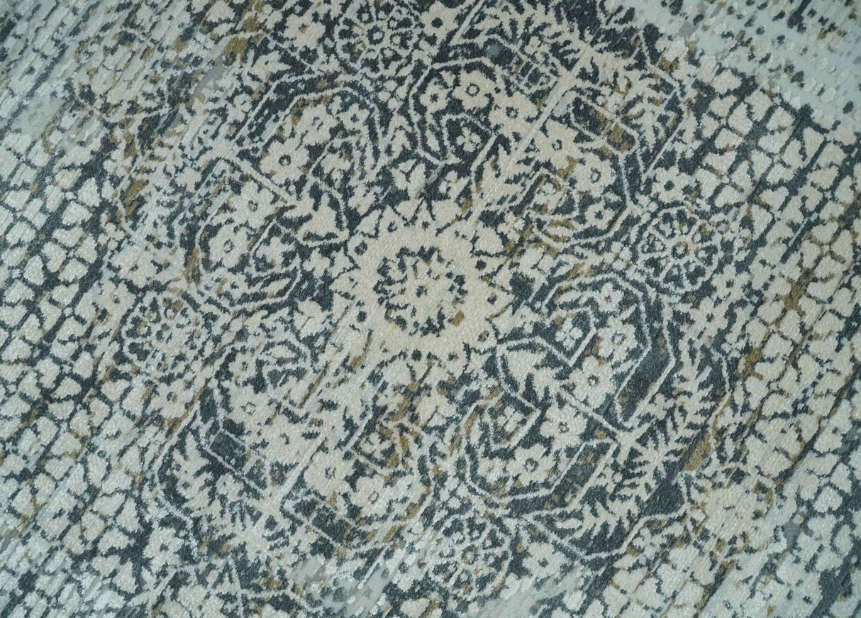 8x8 Round Beige, Gray and Charcoal Antique Finish Vintage look Art Silk Area Rug