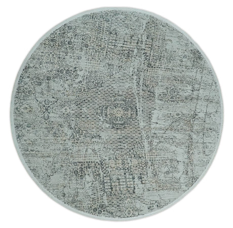 8x8 Round Beige, Gray and Charcoal Antique Finish Vintage look Art Silk Area Rug