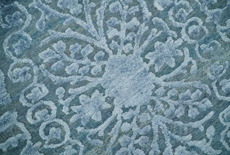 8x9.7 Blue Antique Style, Distressed Finish Hand Carved Traditional Medalian Hand Knotted Wool and Silk Rug